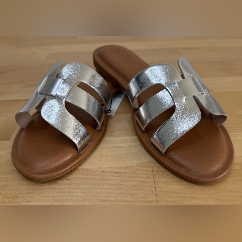 The Drop Silver H Strap Slide Sandals Size 7.5 Metallic Flat NWT